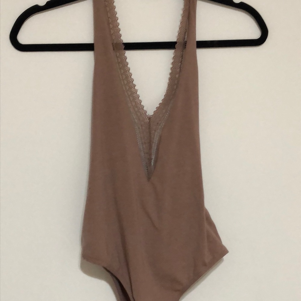 Lace detail plunging halter bodysuit
